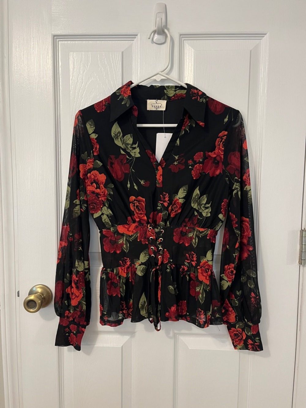 Floral Lace-Up Peplum Blouse - Black with Red Floral